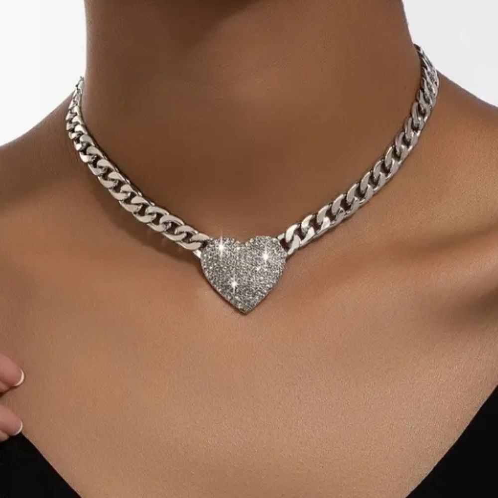 NEW SILVER RHINESTONE HEART CUBAN CHAIN LINK LAYER CHOKER NECKLACE